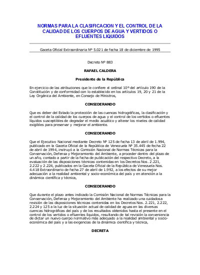 Decreto 883 NORMAS PARA LA CLASIFICACION Y EL CONTROL DE LA CALIDAD DE ...