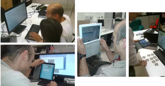 Figure 7. The teachers during the evaluation, designing different activities using learning buckets: creating a learning  bucket embedded in Moodle (left-top), and checking learning buckets’ artifacts positioned in QR codes (left-bottom), 