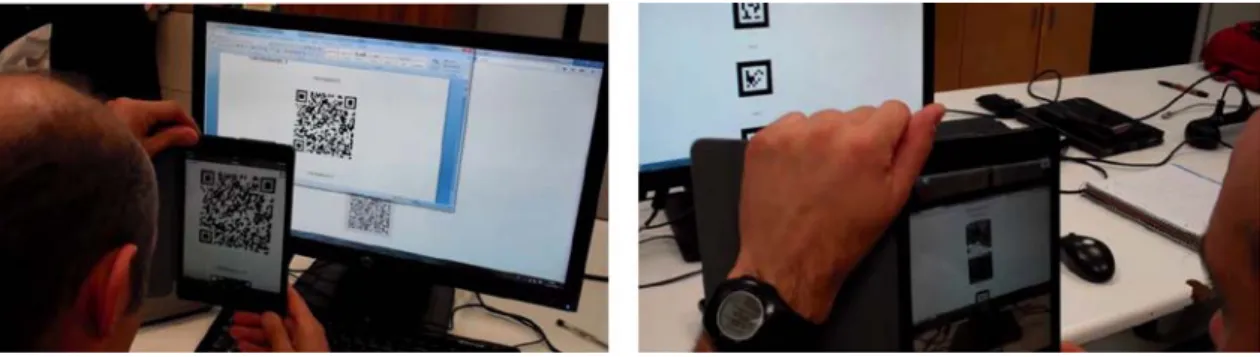 Figure 8. The main teacher during the evaluation, using two lists of markers generated by learning buckets: scanning  a QR code from a list of markers pasted in a Word document (left); displaying the pieces of an AR-puzzle using the 
