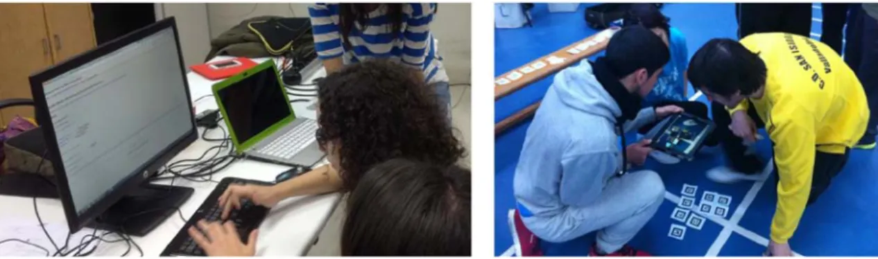 Figure 10. A group of students using a learning bucket embedded in Moodle to upload the pieces of a puzzle and link  them to AR markers (left); and another group of students using Junaio to visualize with AR the puzzle during an 