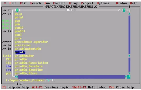 Figura 7.1: Ejemplo de ayuda por t´ opico de Turbo C a partir de un comando printf().