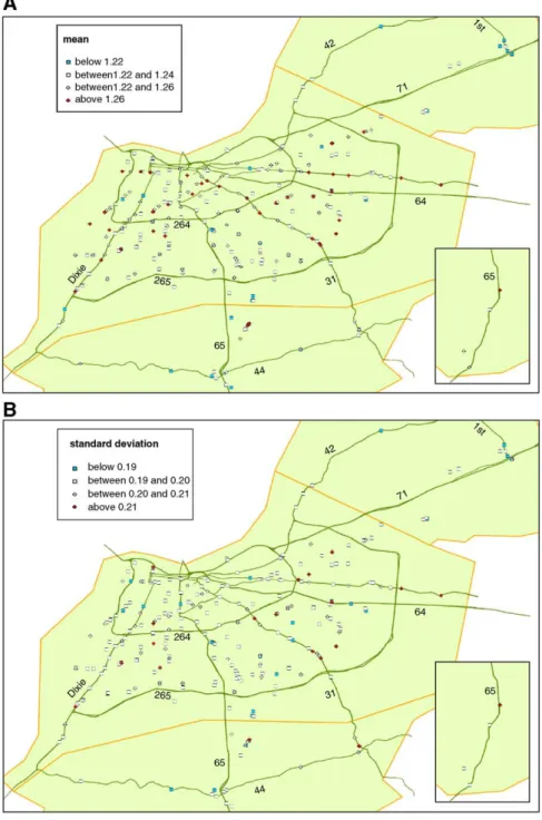 Fig. 6B maps the standard deviations for all retail stations. There is no clear pattern in this figure