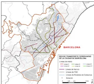 Figura 2.4. Línies  d’autobús de la ciutat  de Barcelona i línies  metropolitanes que  transcorren dintre de la  ciutat