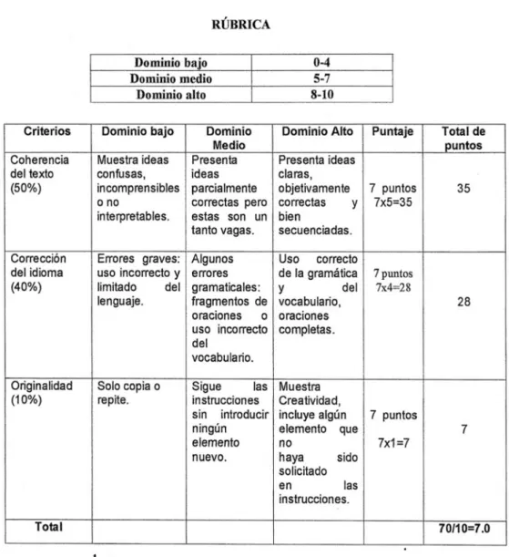 Tabla 2. Rúbrica  dominios