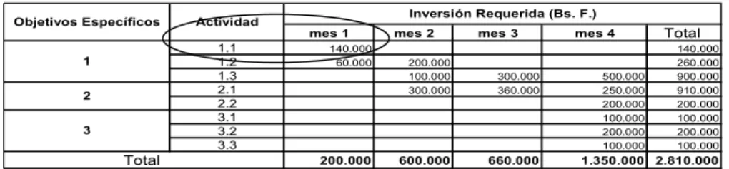 Tabla 2. Plan de Inversiones/Objetivos específicos