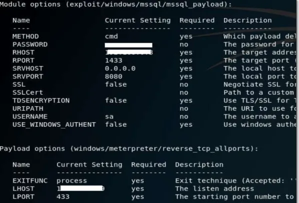 Gráfico 9. Parámetros configurados del exploit “mssql_payload”  