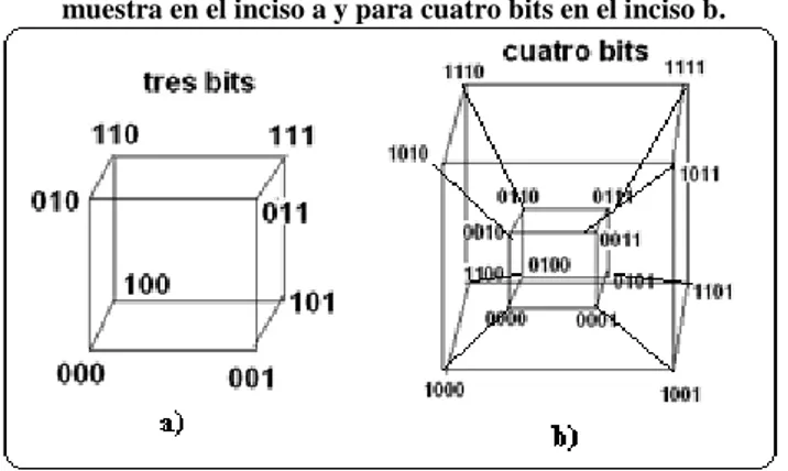 Figura 22. La Representación del hipercubo para tres bit se  muestra en el inciso a y para cuatro bits en el inciso b