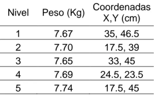 Tabla 2.1 Magnitud y ubicación de pesos. 