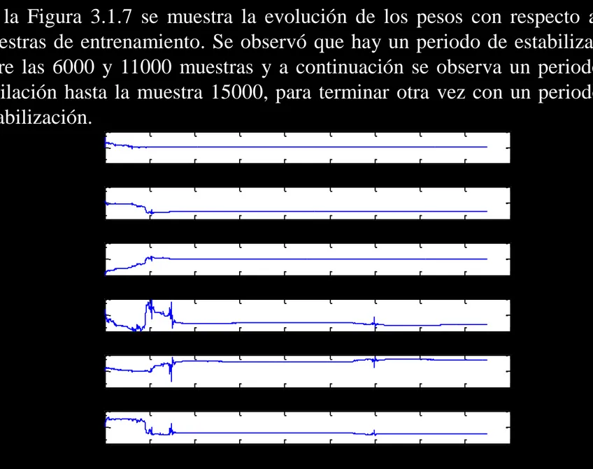 Figura 3.1.7 Evolución de los pesos respecto a las muestras de entrenamiento  de la serie
