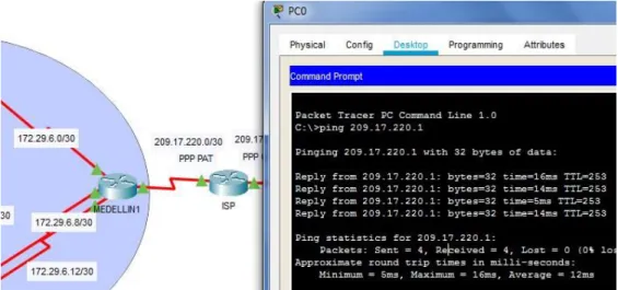 Figura 4. Prueba de conectividad entre PC-0 e ISP. Autoría propia. 