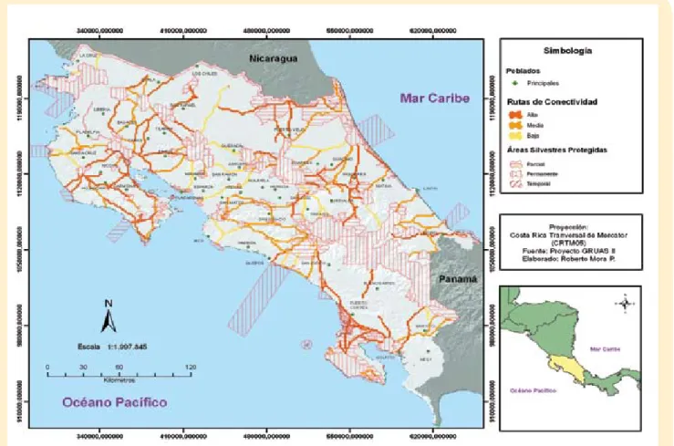 Figura 1. Mapa de rutas de conectividad propuestas para Costa Rica (Tomado y adaptado de SINAC 2007).