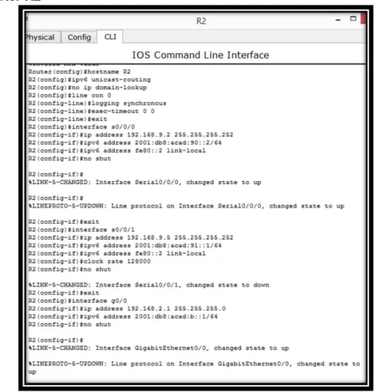 Figura 3. Pantallazo configuración Router R2  no ip domain-lookup  hostname R2  ipv6 unicast-routing  line con 0  logging synchronous  exec-timeout 0 0  exit  interface s0/0/0  ip address 192.168.9.2 255.255.255.252  ipv6 address 2001:db8:acad:90::2/64  ip