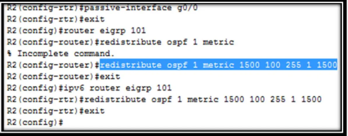 Figura 18. Pantallazo conf. Redistribución OSPF EIGRP Router R2 
