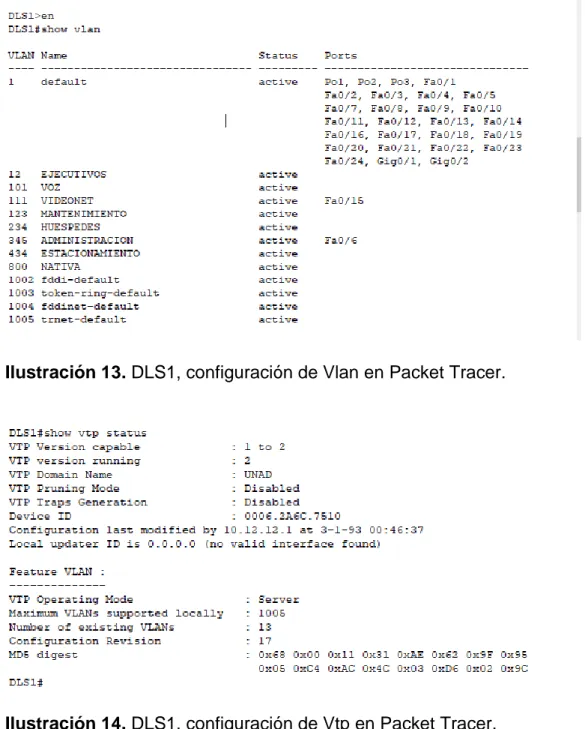 Ilustración 13. DLS1, configuración de Vlan en Packet Tracer. 