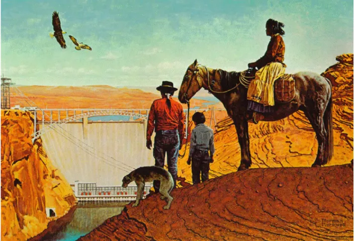 Figure 3: Glen Canyon Dam, by Norman Rockwell (1895-1978).  Oil on canvas, 51” x 77,” of Glen Canyon Dam, Arizona
