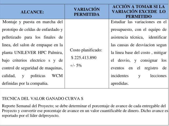Tabla 11. Umbrales de Control del Proyecto. 