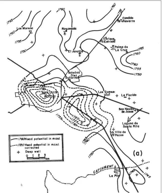 Figura  1.-  Valle  de  San  Luis  Potosí,  mostrando  para  el  acuífero  profundo:  (a)  distribución  de  cargas  piezométricas para 1990