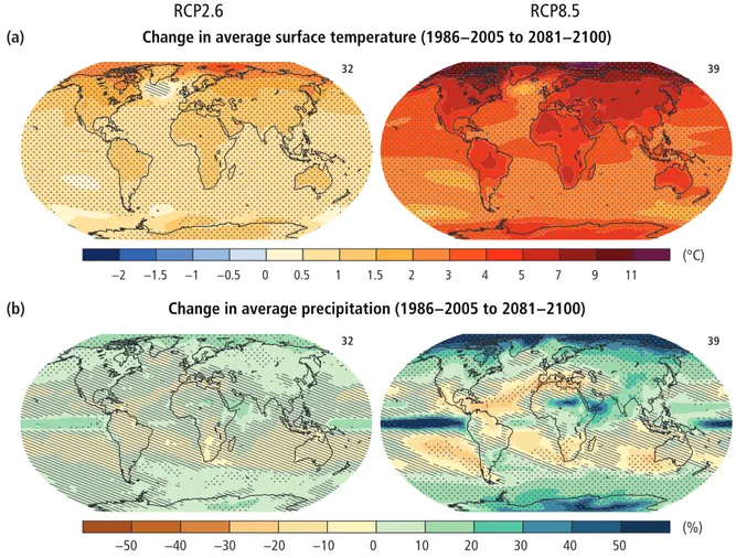 Figure SPM.7 |    Change in average surface temperature (a) and change in average precipitation (b) based on multi-model mean projections for 