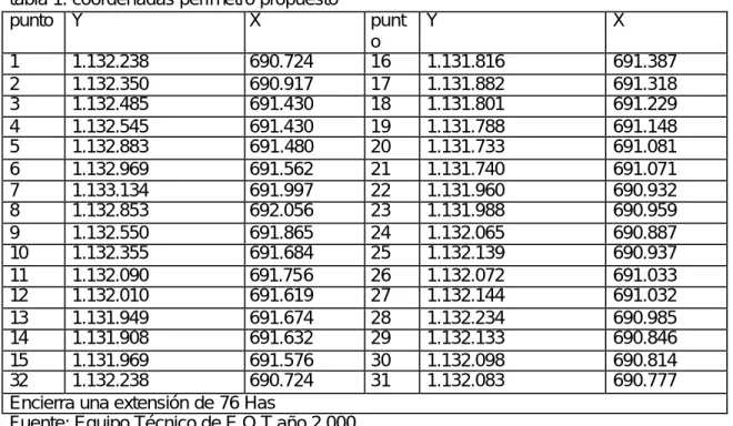 tabla 1. coordenadas perímetro propuesto 