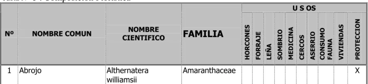 Tabla N ° 5 . Composición Florística 