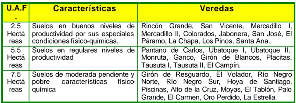 Tabla No. 13  U.A.F. existentes en el municipio de Cáqueza. 
