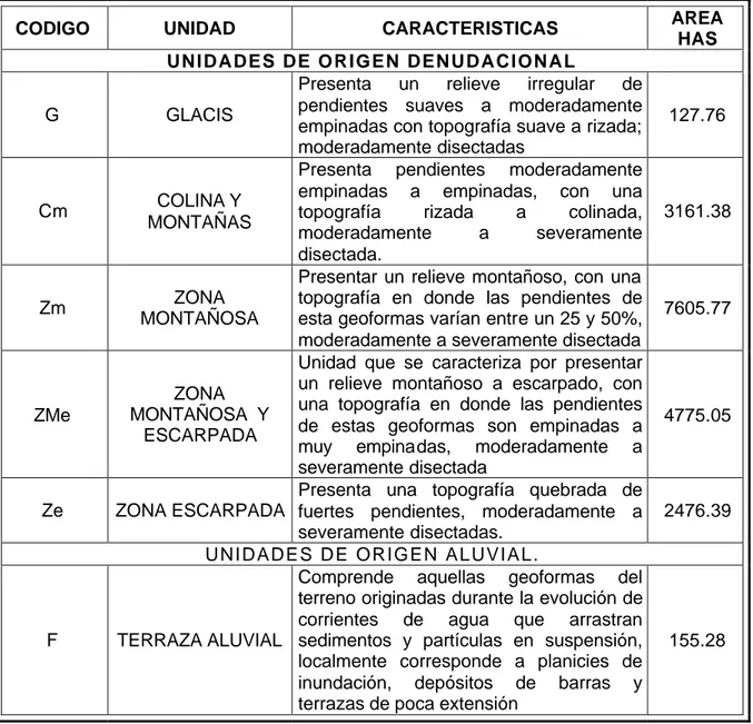 Tabla 10.  Unidades Geomorfológicas de Origen denudacional y aluvial 