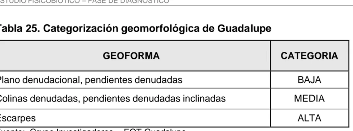 Tabla 25. Categorización geomorfológica de Guadalupe 