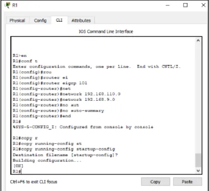 Figura 13. Configuración del protocolo EIGRP para IPv4  y IPv6.  e interfaz  F0/0 de R1 