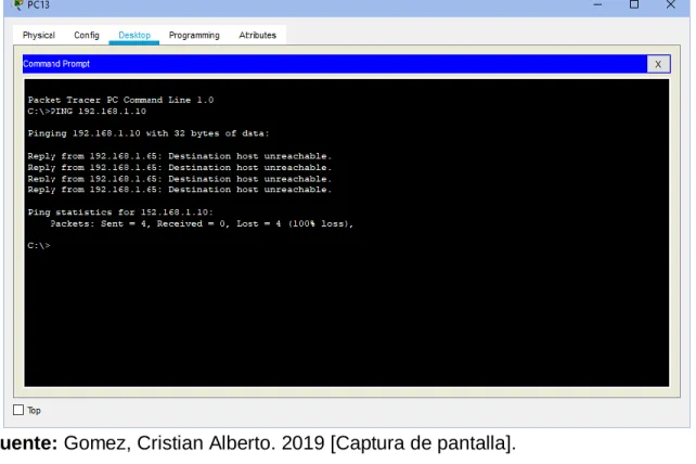 Ilustración 14. PING desde PC13 LAN del router RCali a host WS_1.