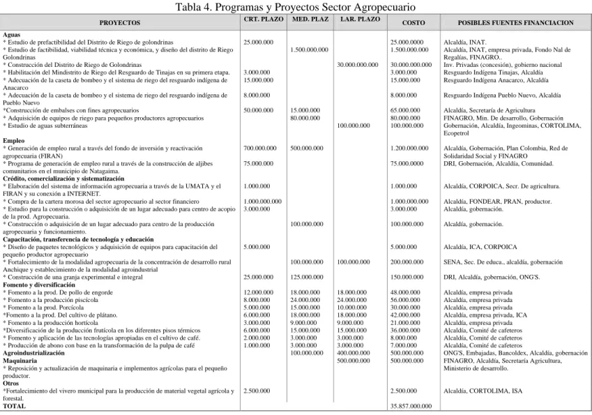 Tabla 4. Programas y Proyectos Sector Agropecuario 
