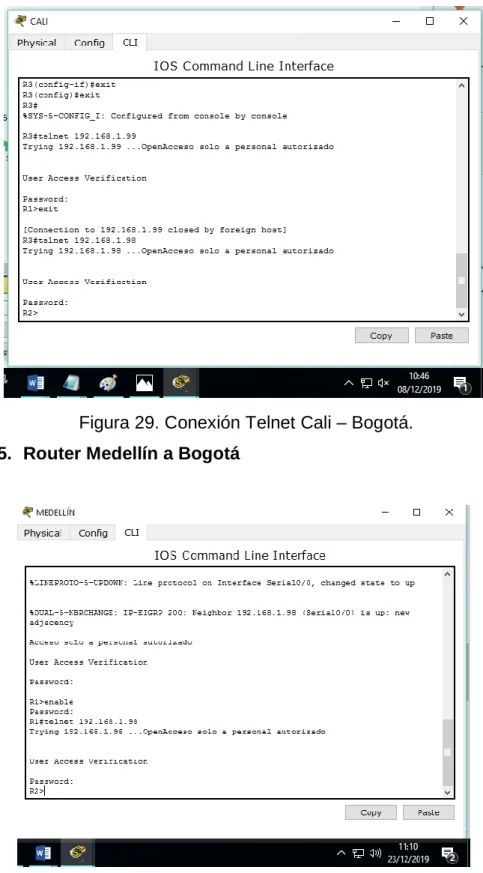 Figura 29. Conexión Telnet Cali – Bogotá. 