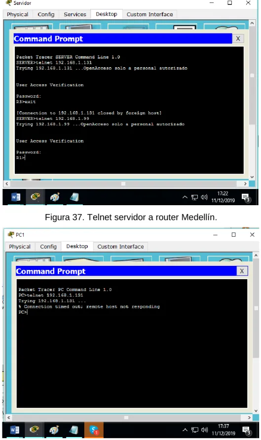 Figura 37. Telnet servidor a router Medellín. 