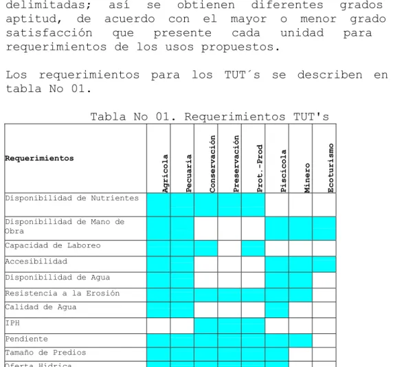 Tabla No 01. Requerimientos TUT's 