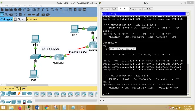 Figura 33. Verificando conexión de pc3 de la subred Cali a otros  dispositivos. 