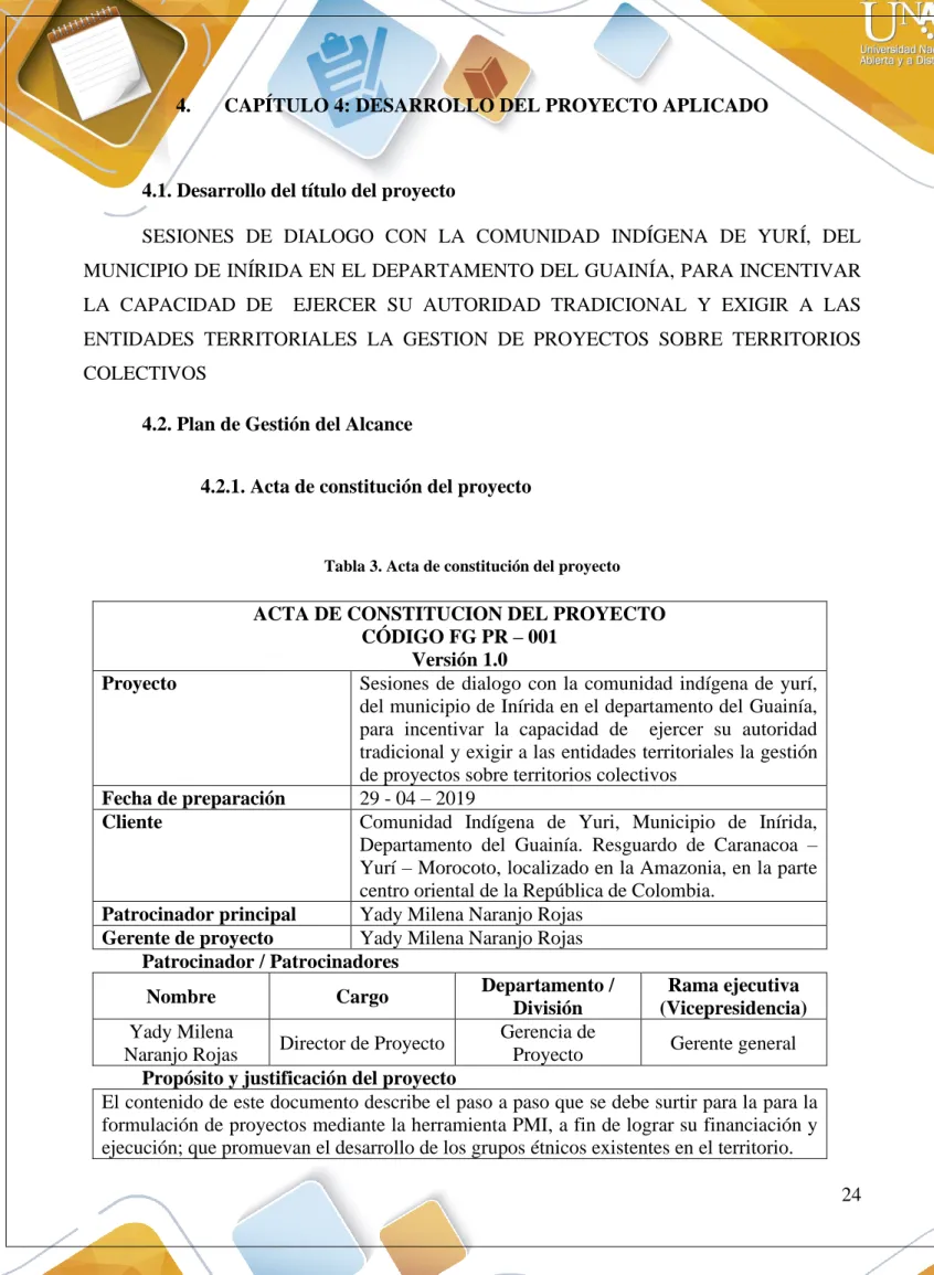 Tabla 3. Acta de constitución del proyecto 