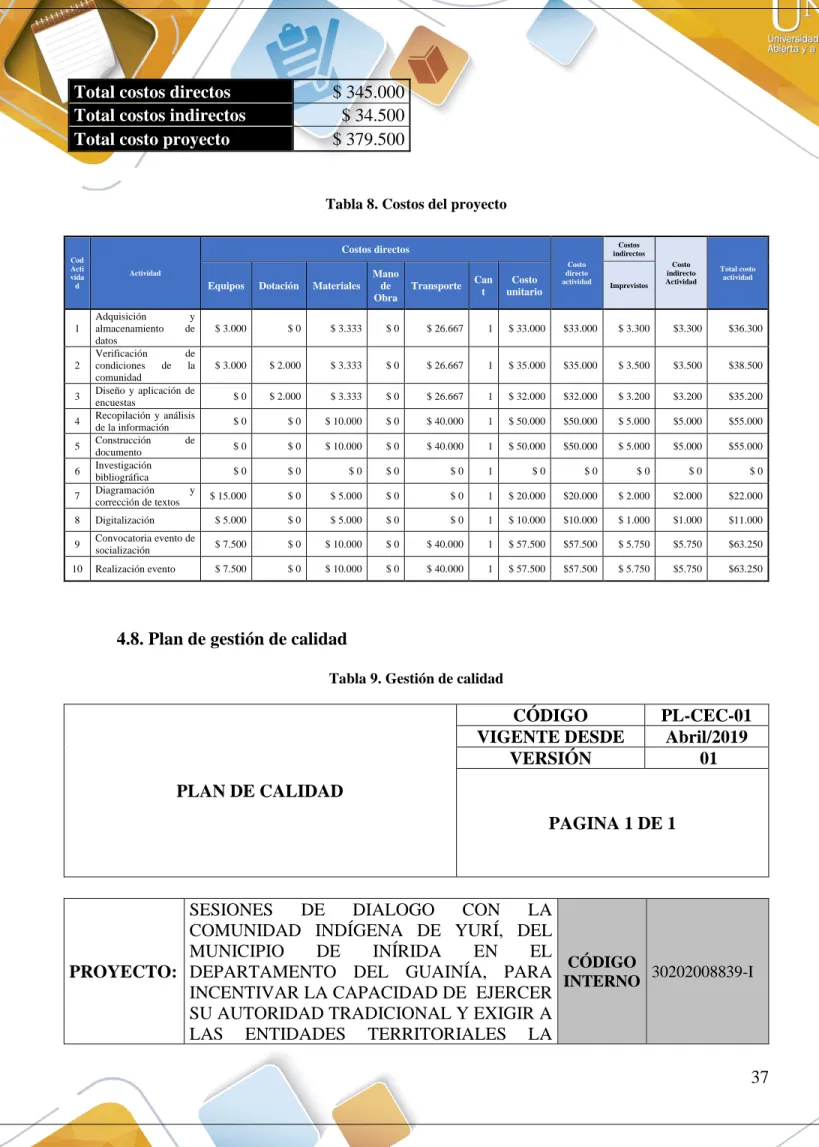 Tabla 8. Costos del proyecto 