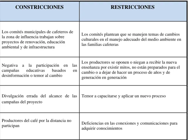 Fuente: Elaboración Propia, Federación Nacional de Cafeteros, 2019. Tabla constricciones  y restricciones