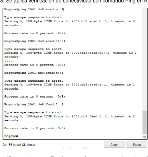 Figura 8. Se aplica verificación de conectividad con comando Ping en R1 