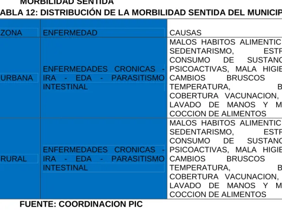 TABLA 12: DISTRIBUCIÓN DE LA MORBILIDAD SENTIDA DEL MUNICIPIO 