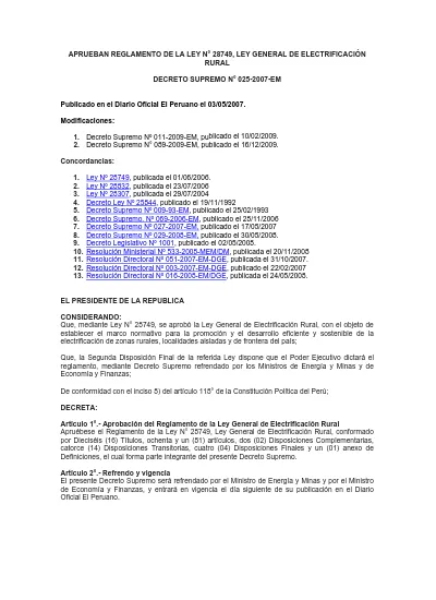 APRUEBAN REGLAMENTO DE LA LEY N 28749, LEY GENERAL DE ELECTRIFICACIÓN ...