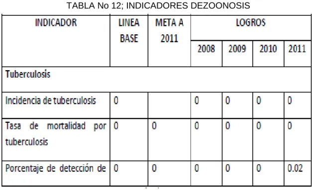 TABLA No 12; INDICADORES DEZOONOSIS 