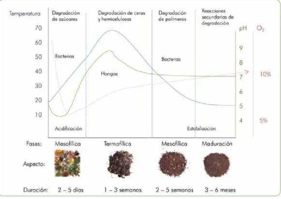 Figura 5 Temperatura, oxígeno y pH en el proceso de compostaje