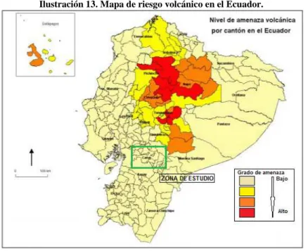 Ilustración 13. Mapa de riesgo volcánico en el Ecuador. 