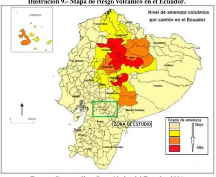 Ilustración 9.- Mapa de riesgo volcánico en el Ecuador. 