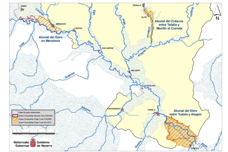 Figura 2. Zonas vulnerables a la contaminación por nitratos en los acuíferos del Ebro y Cidacos en Navarra