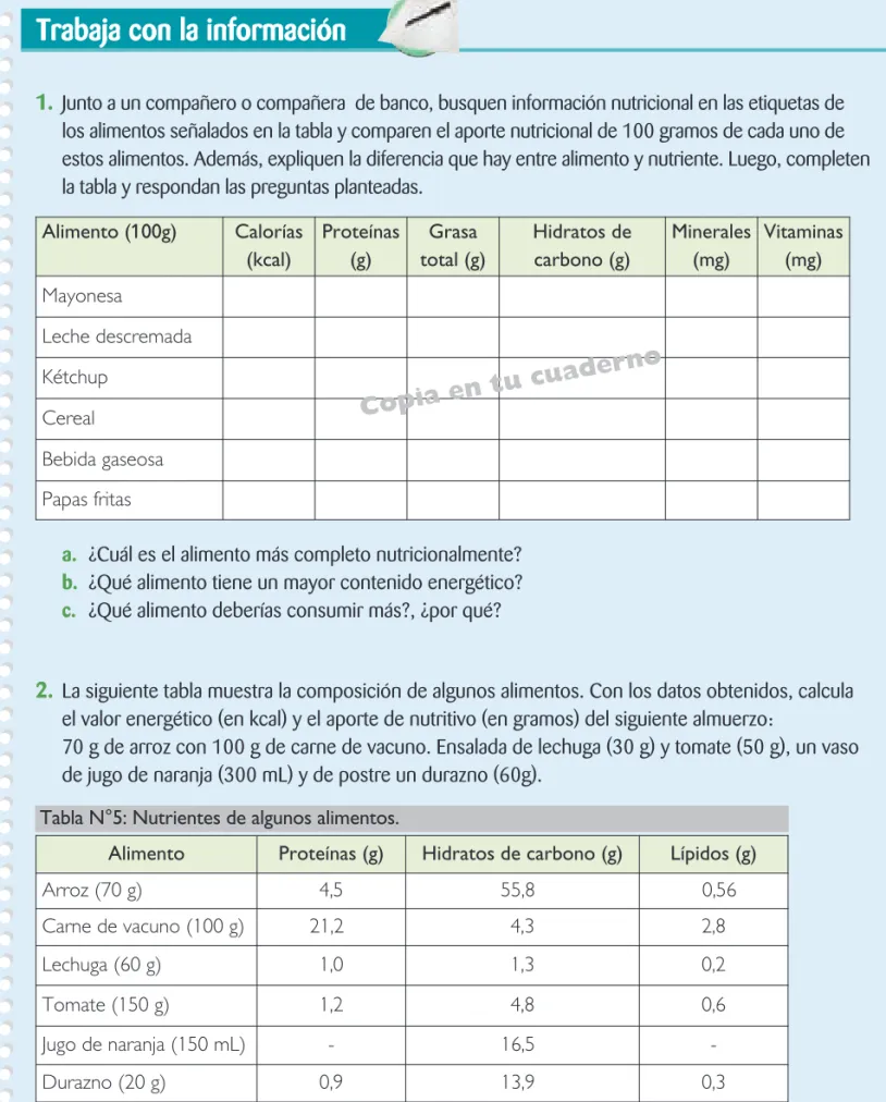 Tabla N°5: Nutrientes de algunos alimentos.