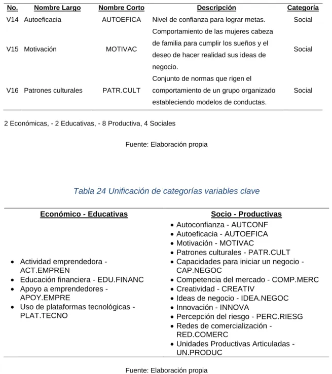 Tabla 24 Unificación de categorías variables clave 