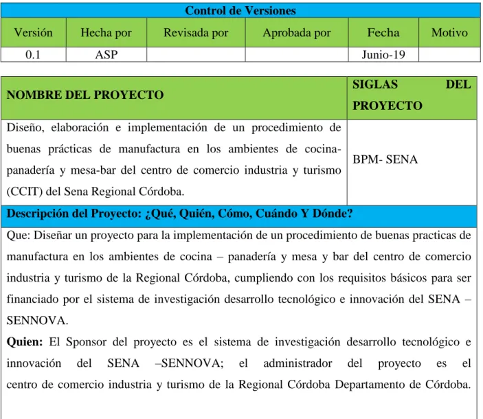 Tabla 3.  Acta de Constitución del Proyecto 