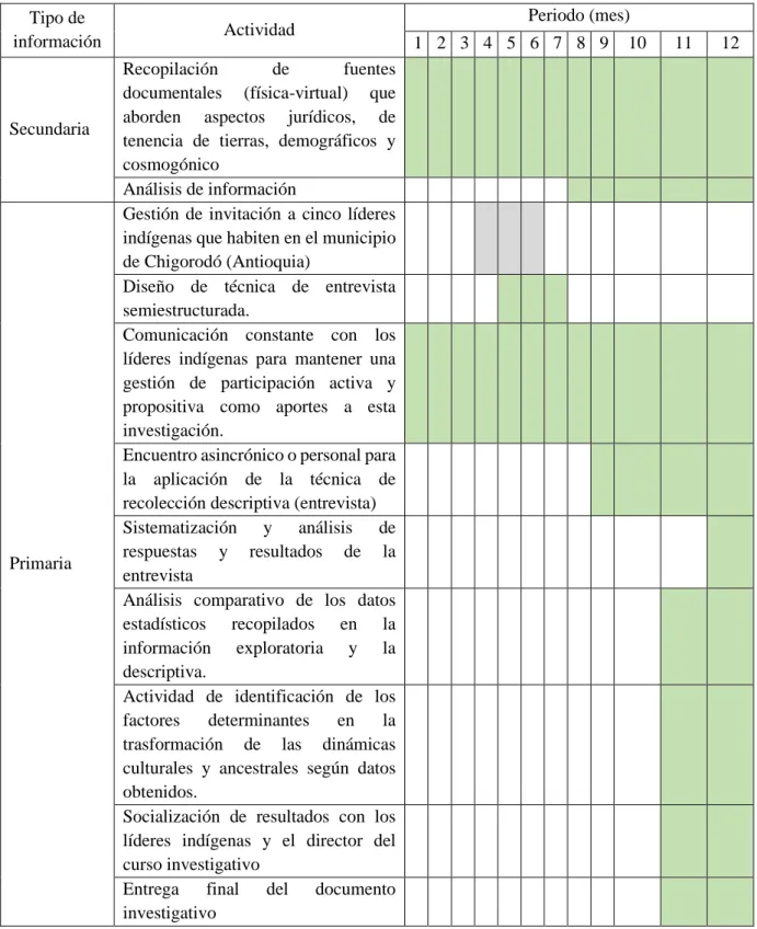 Tabla 6. Matriz cronológica de actividades  Tipo de 