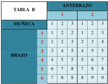 TABLA  B  ANTEBRAZO  1  2  MUÑECA  1  2  3  1  2  3  BRAZO  1  1  2  2  1  2  3 2 1 2 3 2 3 4 3 3 4 5 4 5 5  4  4  5  5  5  6  7  5  6  7  8  7  8  8  6  7  8  8  8  9  9 